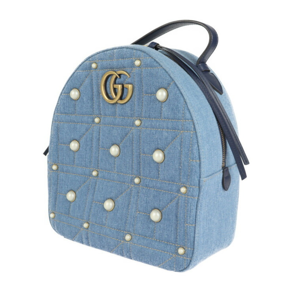 GUCCI GG Marmont Backpack Daypack 476671 Denim Leather Blue Quilted Fake Pearl - Picture 2 of 9